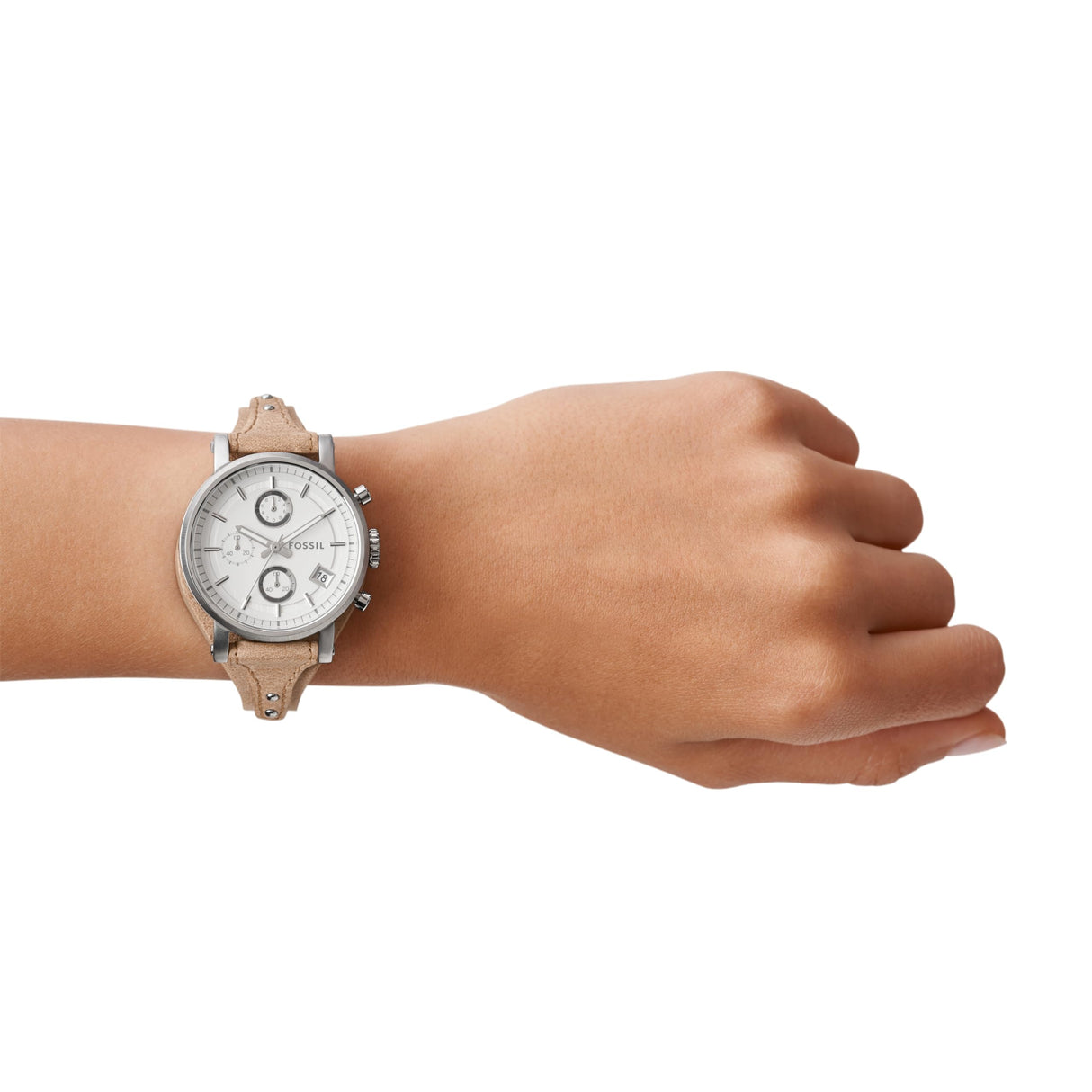 Fossil Original Boyfriend Reloj para mujer, movimiento cronógrafo con correa de acero o piel, Beige y plata, 38MM