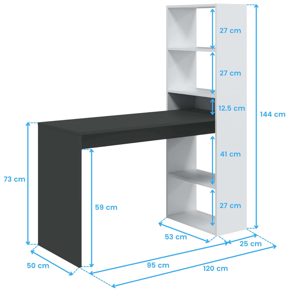 Habitdesign, Escritorio con Estanteria Reversible, Blanco Artik y Gris Antracita, Modelo Duplo, Medidas: 120 cm (Ancho) x 53 cm (Fondo) x 144 cm (Alto)