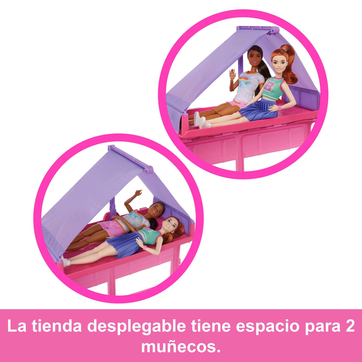 Barbie Súper Caravana DreamCamper Conjunto de juego con tienda de campaña en el techo, columpio, estanque de pesca, barbacoa con función de cambio de color y más de 60 accesorios, incluida masa, HRJ78