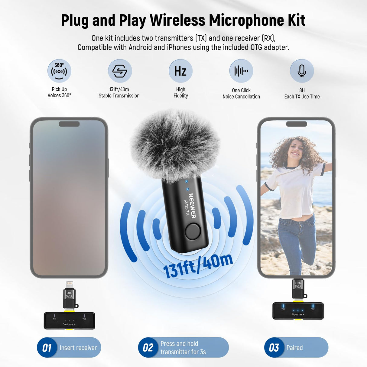 NEEWER Kit Vlogging para Teléfono con Luz LED RGB/Sistema Micrófono Inalámbrico Lavalier/Trípode para Teléfono Selfie Palo, Creador Contenido Esencial para iPhone Android Podcast Youtube, PA048