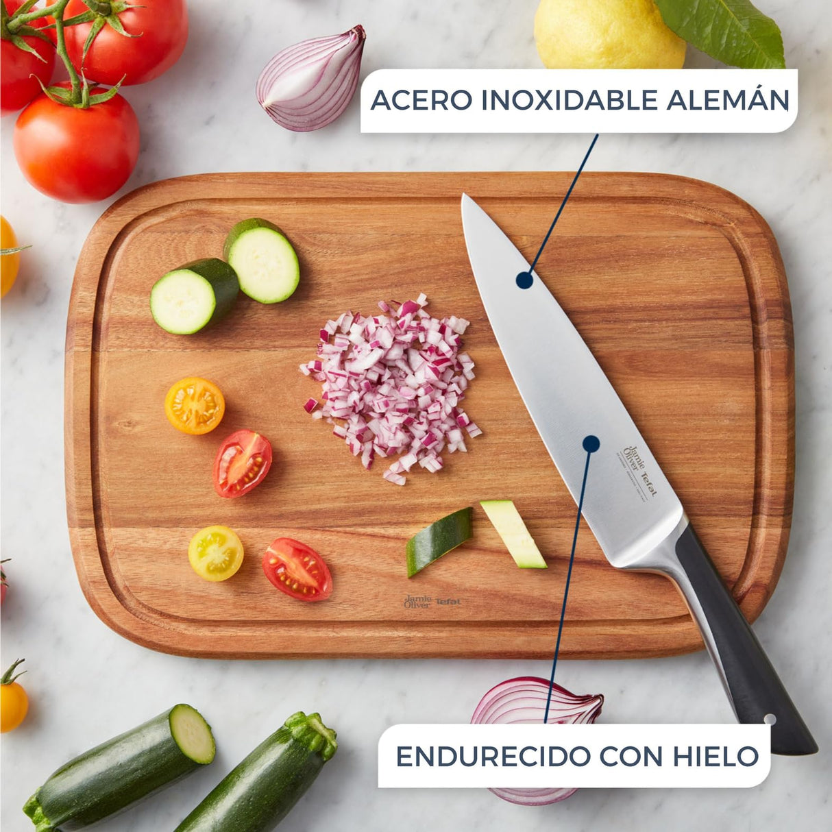 Tefal Jamie Oliver – Bloque de 5 Cuchillos: Chef 20 cm, Santoku 16,5 cm, Pan 20 cm, Universal 12 cm, Pelador 9 cm | Acero Inoxidable, Endurecidos con Hielo -120°C, Preciso, Mango Robusto, Duradero