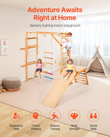 VEVOR 8 en 1 Parque Infantil de Madera para Interior, Carga de 100 kg Juego de Escalada Montessori con Columpio, Barra de Mono, Tobogán, Anillas, Escalera de Madera/Cuerda, Red, Roca, Colorido