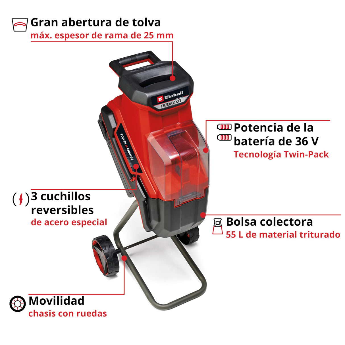 Einhell Trituradora de cuchillas con batería REDAXXO 36/25 Power X-Change (36V, máx. 25mm de grosor de rama, 3 cuchillas reversibles de acero, bolsa colectora de 55L, asa de transporte, prensador)