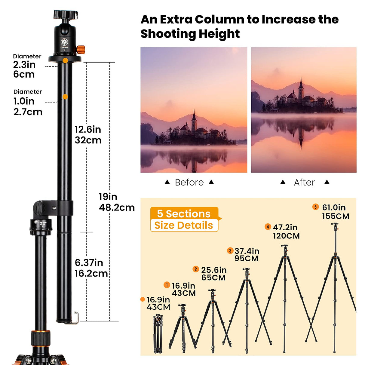TARION Q550 Trípode Cámara y Brazo Extensión Columna Central con rotación Horizontal 360°y Vertical 180°y Sacos de Arena MAX 155 cm Carga 6 kg para Viajar Foto