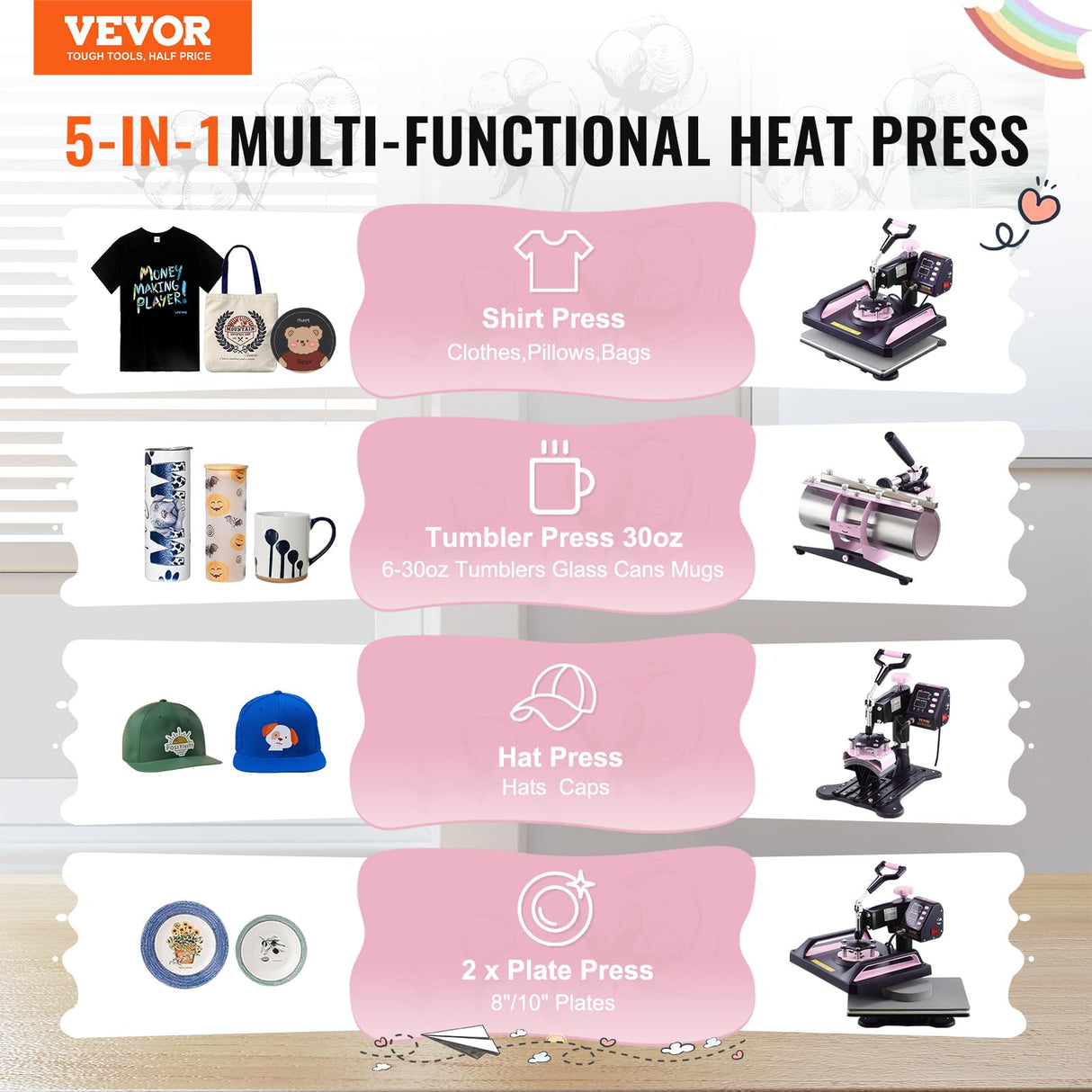 VEVOR 5 en 1 Máquina de Prensado por Calor con Prensa de Vaso de 887 ml, 290 x 380 mm, Prensa Térmico con Giro de 360° y Revestimiento de Teflón para Camiseta, Taza, Sombrero y Plato, Negro y Rosa