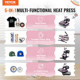 VEVOR 5 en 1 Máquina de Prensado por Calor con Prensa de Vaso de 887 ml, 290 x 380 mm, Prensa Térmico con Giro de 360° y Revestimiento de Teflón para Camiseta, Taza, Sombrero y Plato, Negro y Rosa