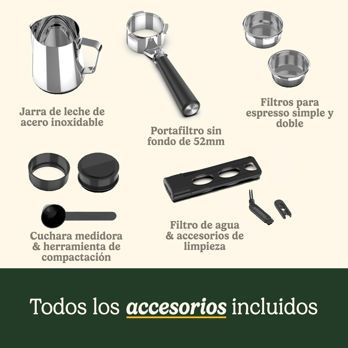 Cuisinart® Máquina de Espresso Slim | Espresso, Americano, Cold Brew | Vaporizador de leche | 15 bares | Portafiltro sin fondo | Compacta | 1,5L | Tazas de viaje