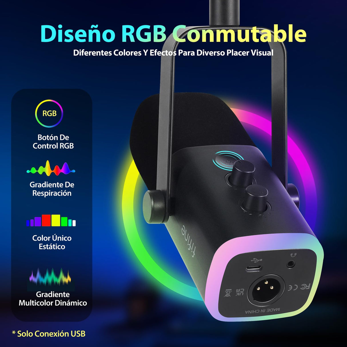 FIFINE XLR Streaming Micrófono Dinámico de Podcast, RGB Gaming Micrófono USB con Soporte Microfono per Ordenador PS4 PS5, para Podcast Estudio Podcasting Grabación