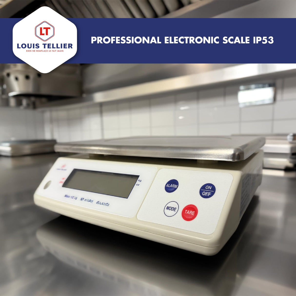 LOUIS TELLIER - Balanza Electrónica Profesional - 12kg - IP53 - Precisión 1 g - Bandeja Extraíble de Acero Inoxidable - Cocina - Panadería - 29,8 x 23,6 cm