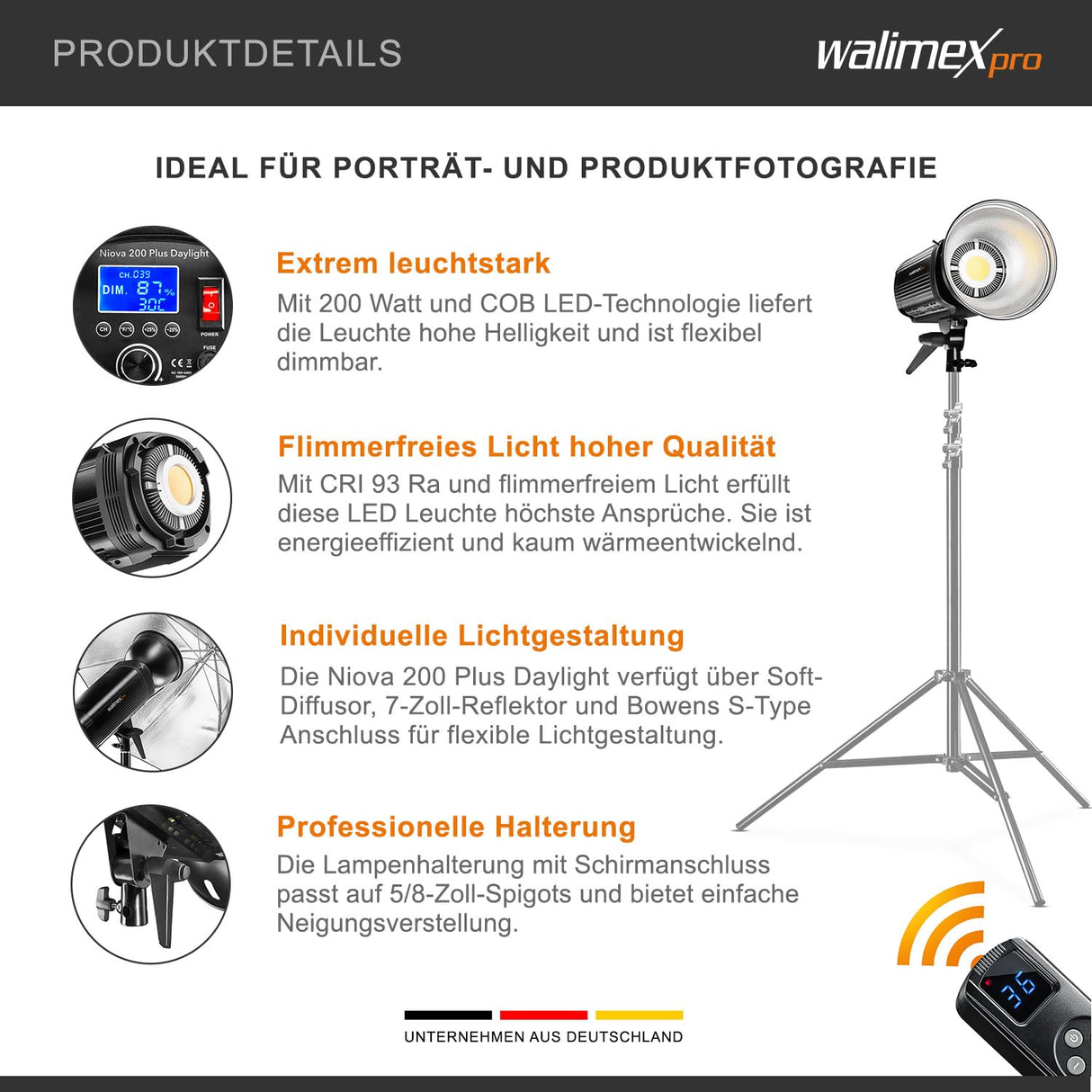 Walimex pro Niova 200 Plus - Lámpara de vídeo LED Regulable con Reflector Bowens y difusor Suave, luz de Estudio con tecnología LED COB I 5600 K, CRI=93 I, Intensidad Regulable de 10 a 100%