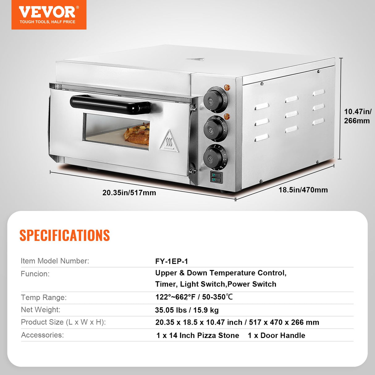 VEVOR Horno de Pizza Comercial Eléctrico de Encimera de Una Sola Capa, Acero Inoxidable con Piedra y Mango, Multiusos para Interiores para Restaurantes, Pretzels Horneados en Casa, 517 x 470 x 266 mm