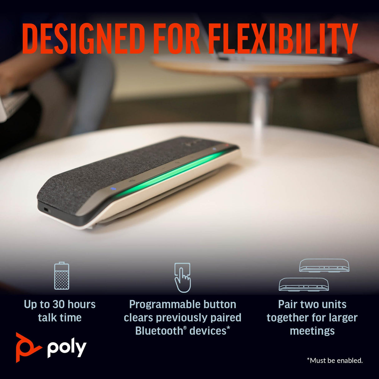 Altavoz manos libres inteligente Poly Sync 40+ - Espacios de trabajo flexibles - Se conecta a PC mediante un adaptador BT600 y a teléfonos inteligentes a través de Bluetooth - Funciona: Teams y Zoom