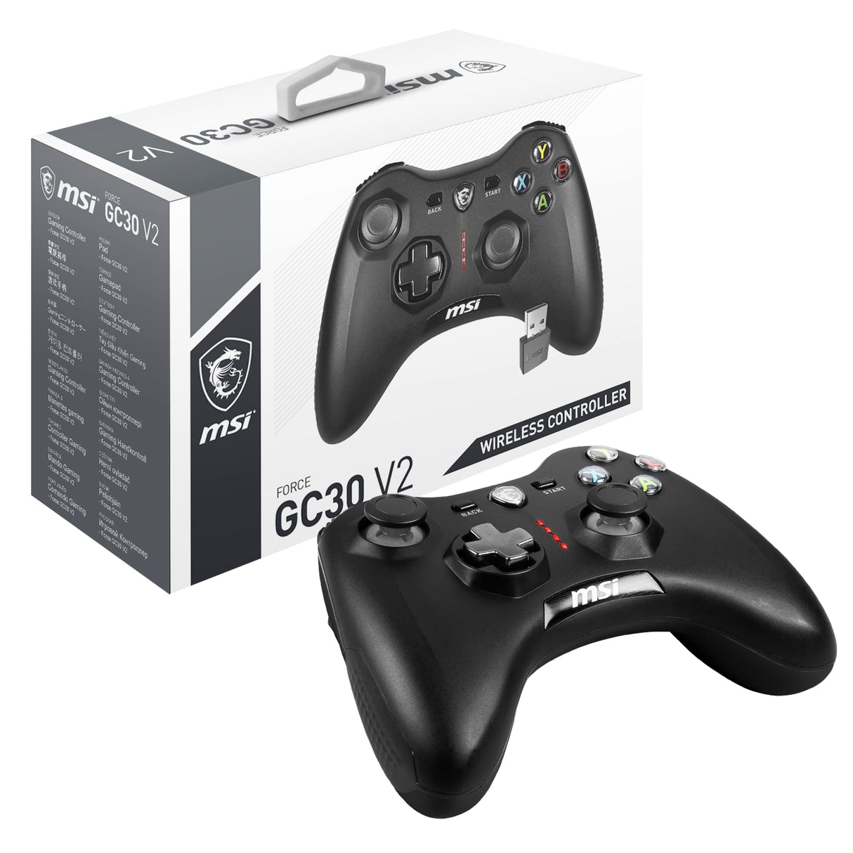 MSI FORCE GC30 V2 Controlador Gamepad Inalámbrico para PC - 2.4 GHz, Batería 600mAh Li-ion, Cubiertas D-Pad Intercambiables, 2 Motores de Vibración, USB 2.0 - Con Cable/Inalámbrico