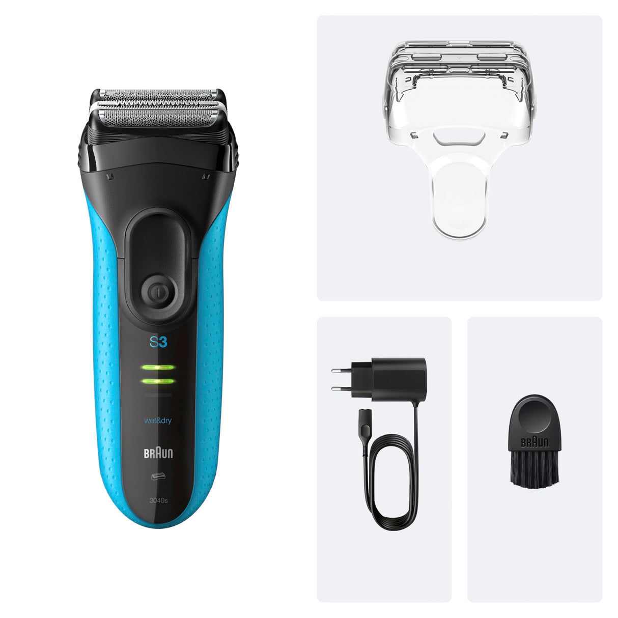 Braun Afeitadora Eléctrica Hombre Series 3 ProSkin 3040s, Máquina De Afeitar Barba En Seco Y Mojado, Cabezal De Precisión, 45 Min De Uso, Recargable, Peine MicroComb Para Un Afeitado Suave, Negro/Azul