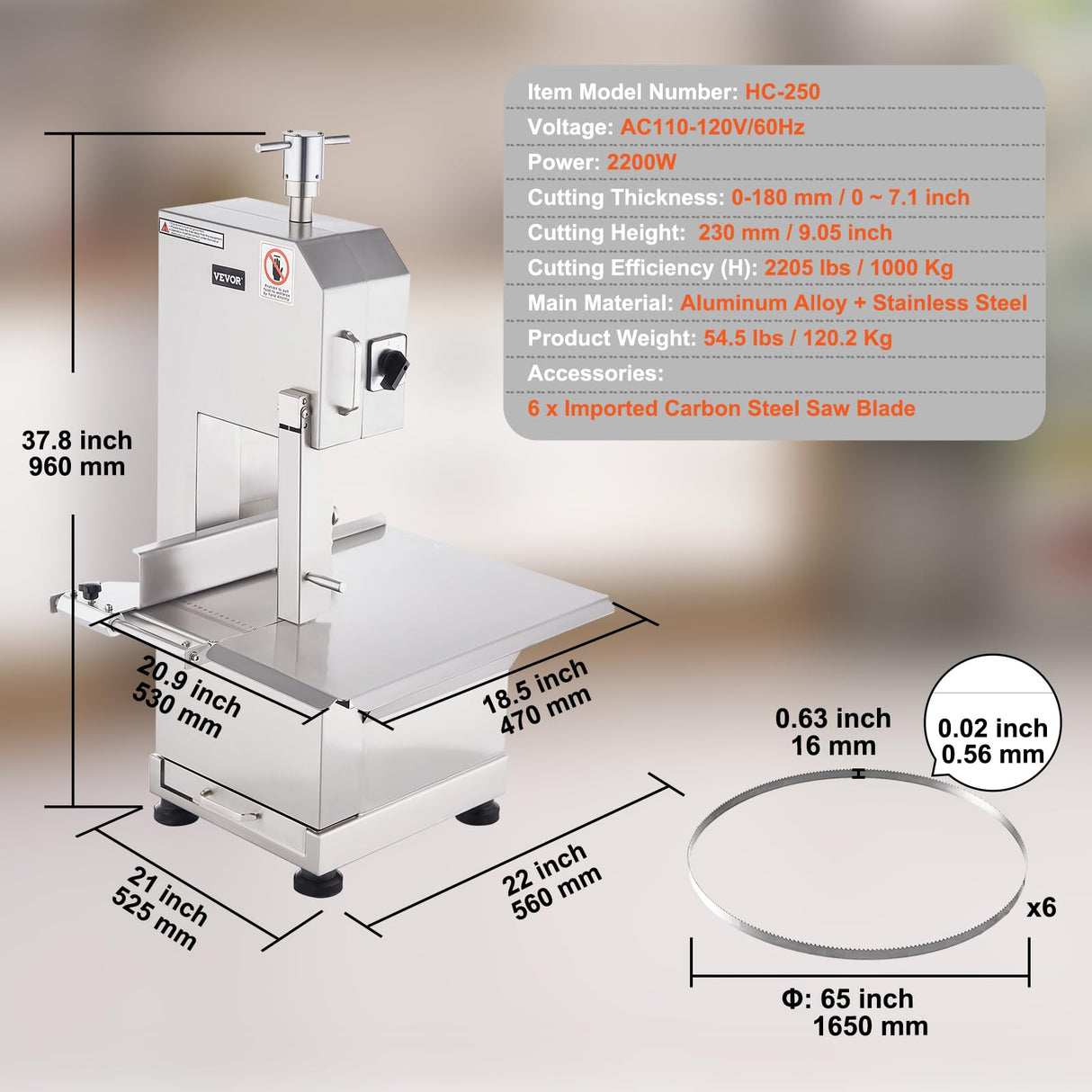 VEVOR Sierra Eléctrica Comercial para Huesos de Carnicero 2200 W Máquina Cortadora de Huesos 1000 kg/h Cortadora Eléctrica para Carne Congelada Mesa de Trabajo 470x530 mm para Supermercado Restaurante