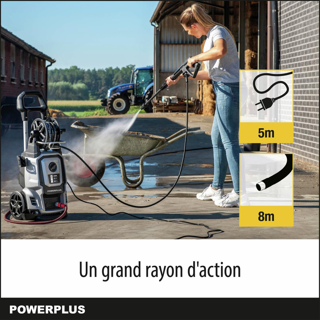 Powerplus Hidrolimpiadora Eléctrica POWXG90421 - Limpiadora de Terrazas de 2200 W, 170 Bares y 50 °C - con Manguera de 8 m y Accesorios Incluidos