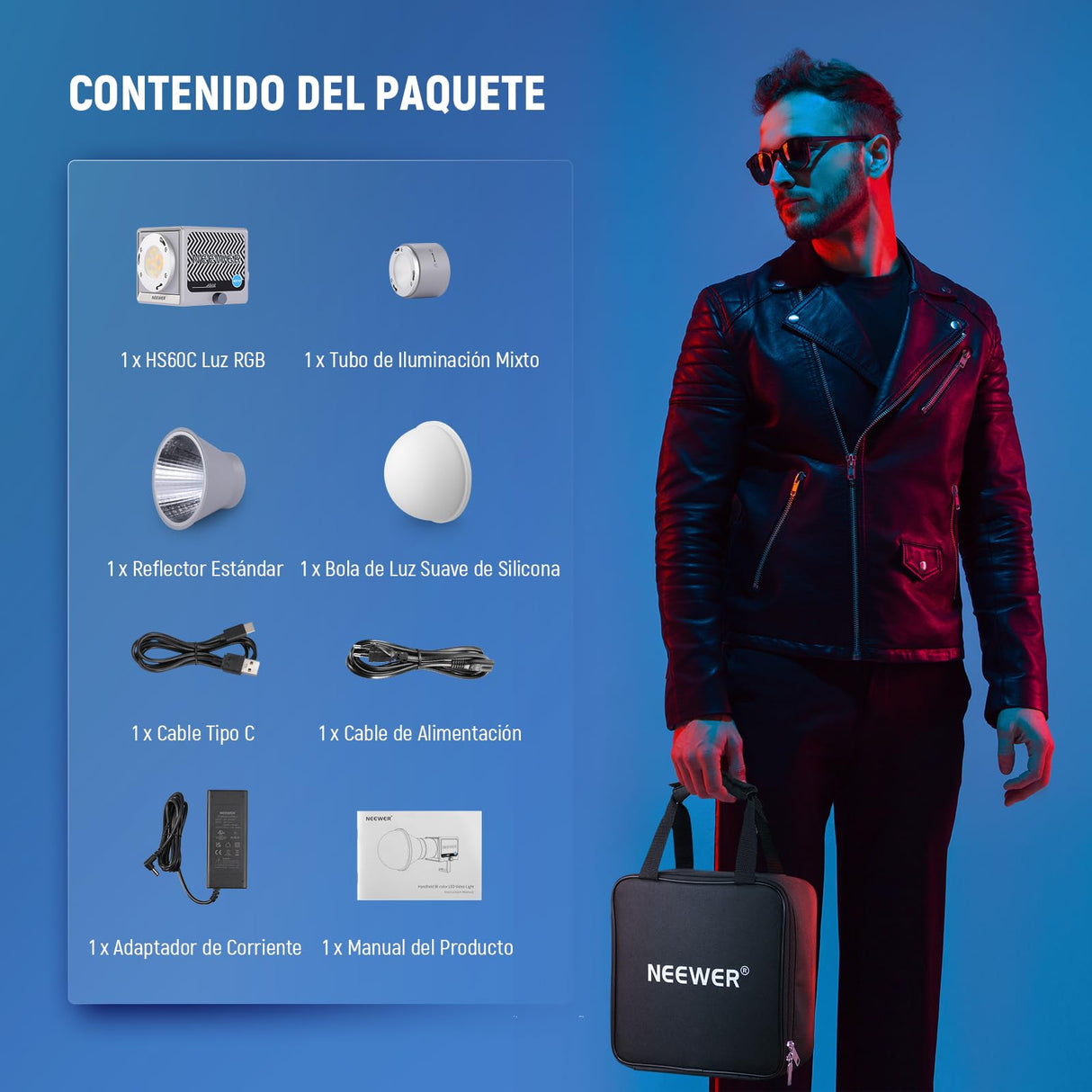 NEEWER 60W Luz Video LED RGB Portátil Luz Relleno de Mano, App/2.4G/Control Panel 18 Escenas 8700Lux/1m 2700-6500K CRI97+ Iluminación Continua COB Regulable para Transmisión Grabación Video, HS60C