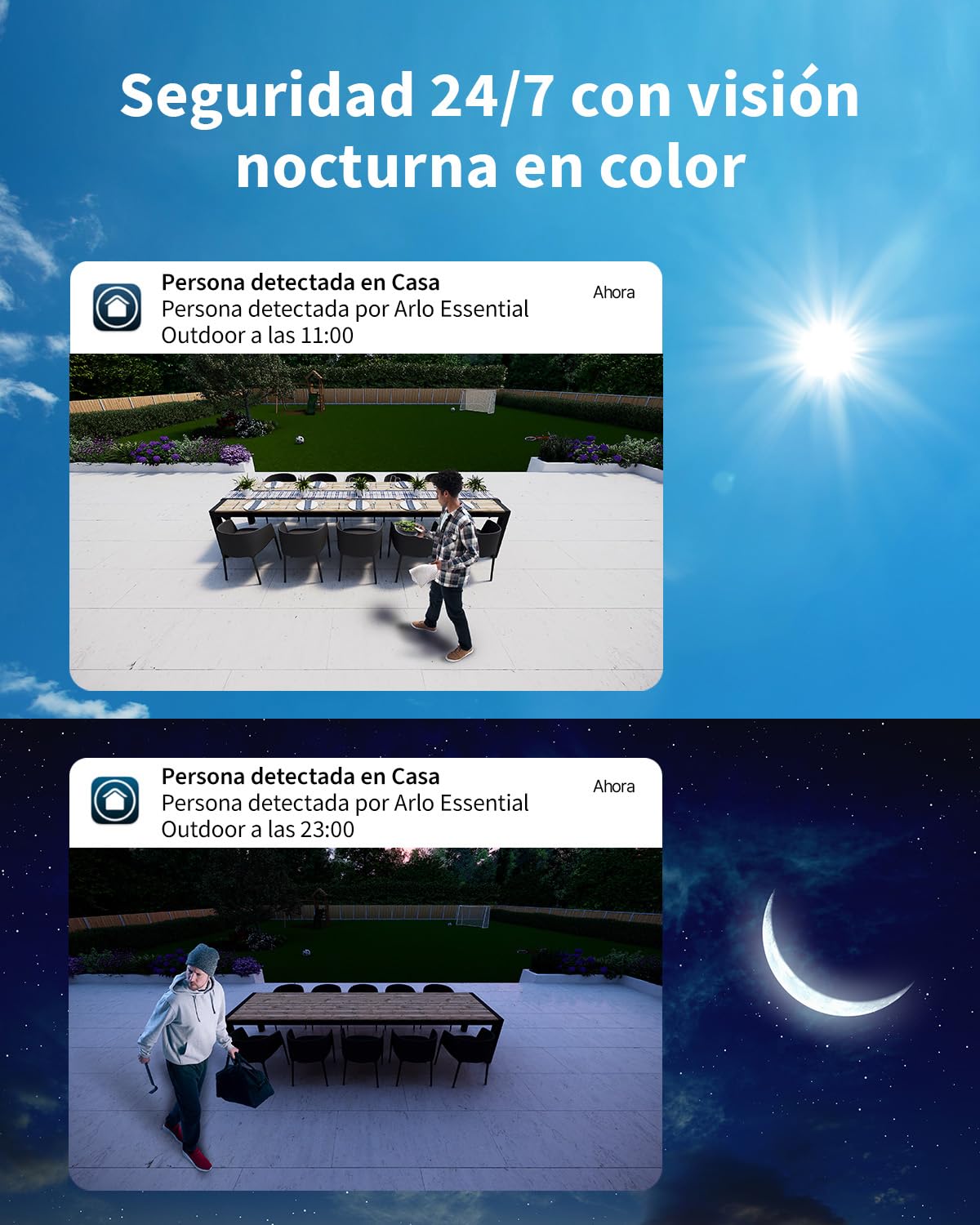 Arlo Essential 2 Camara Vigilancia WiFi Exterior + Panel Solar (2), HD, Camara Vigilancia WiFi Interior, Sensor de Movimiento, Alarmas Para Casa, Prueba Arlo Secure Incluida, 2 Cámaras, Blancas