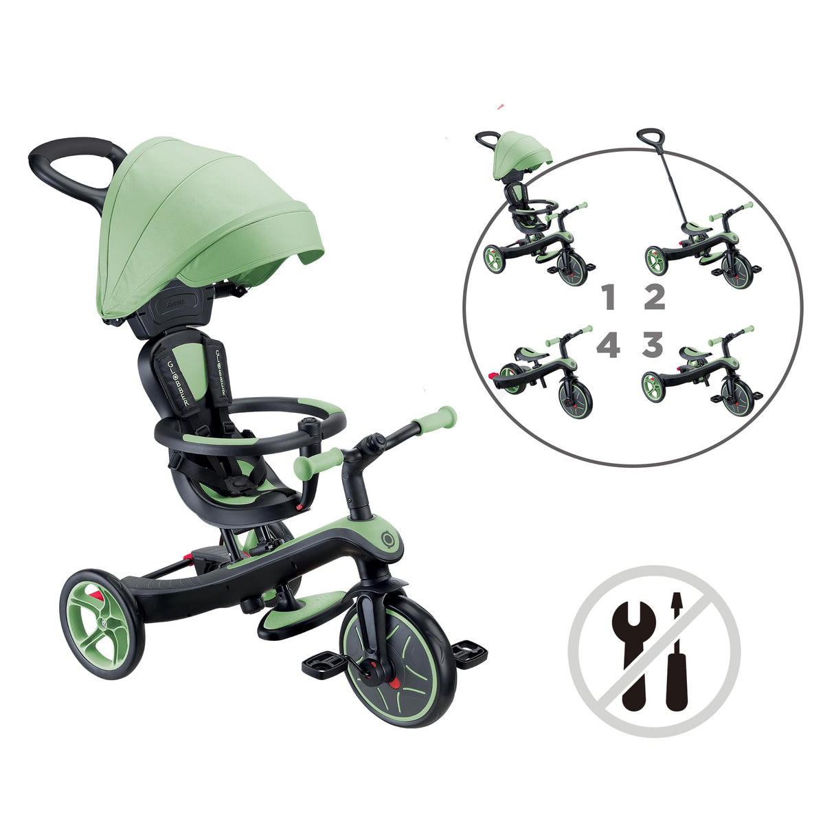 Globber Tricycle Explorer 4 en 1 - Triciclo evolutivo y draisiano para niños pequeños de 10 Meses a 5 años - Versión 2 - Verde Salvia
