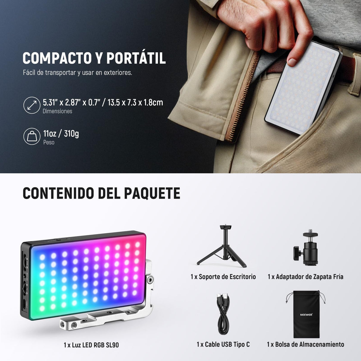 NEEWER - Lámpara de vídeo RGB de 12 W, Panel LED para Streaming, Selfie, 2500 K-10000 K CRI97+, Control App/2.4 G, batería 4300 mAh, Soporte de Escritorio para Vlogging, grabación de vídeo, Podcast