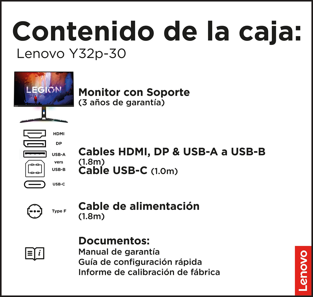 Lenovo Legion Y32p-30 - Monitor Gaming 31.5" 4K UHD con EyeSafe (IPS, 144 Hz, 0.2ms, HDMI DP USB-C + Cables, FreeSync Premium, HDR400, Altavoces) Ajuste de Inclinación/Elevación/Rotación - Negro