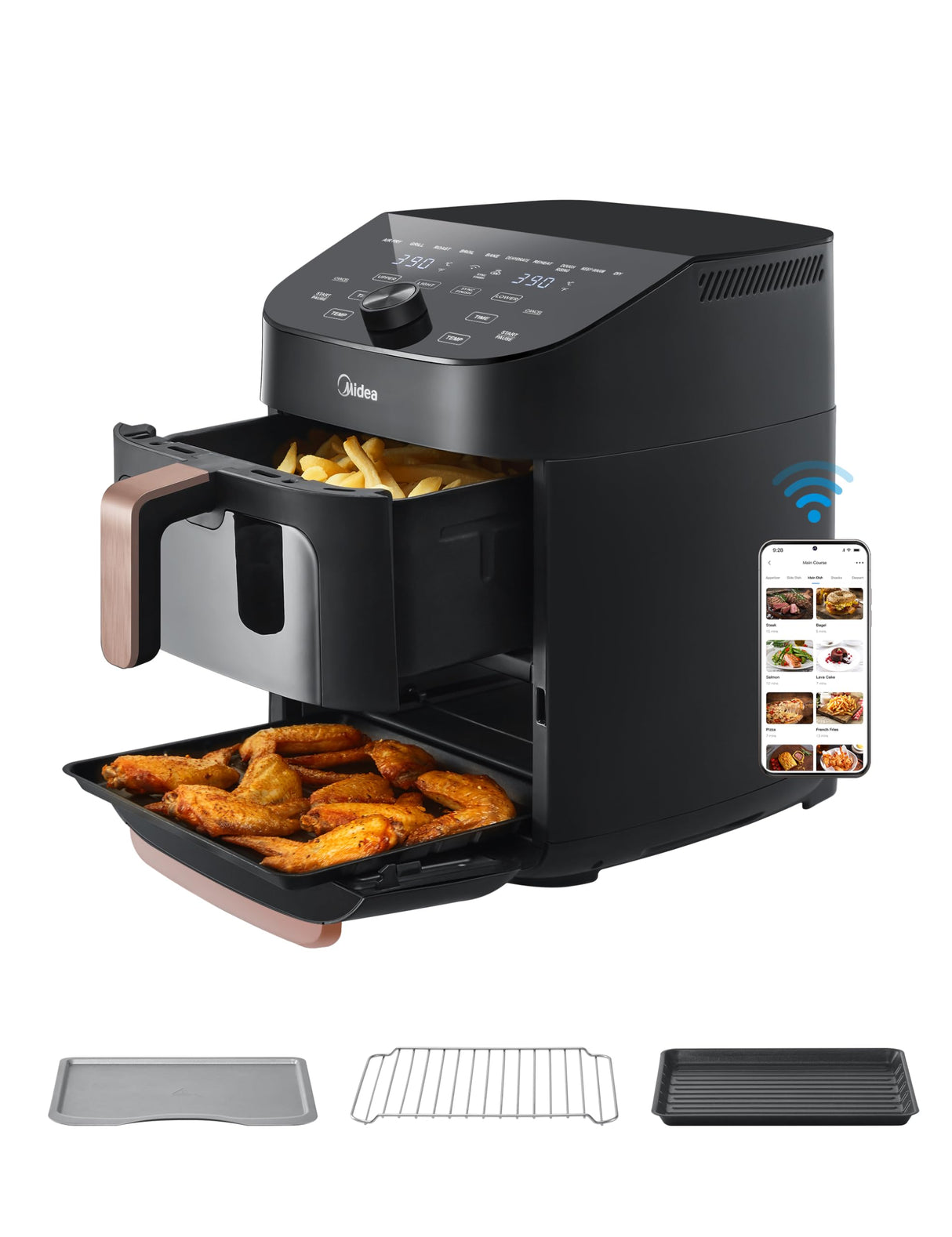 Midea Smart Freidora de Aire Double Stack 11L, Doble Cesta Vertical, Compatible inteligente WiFi y Alexa, Diseño para Ahorrar Más Espacio, 8 Programas Automáticos para 3-8 personas, 2400W