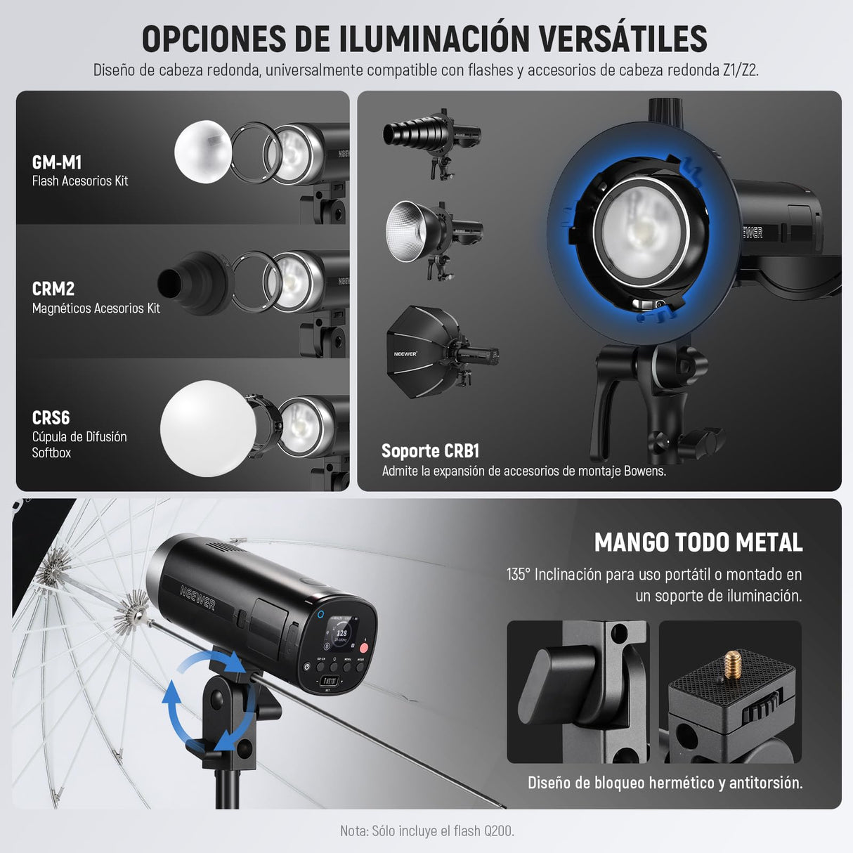 NEEWER Q200 200Ws 2.4G TTL Flash Strobe Estudio para Exteriores con APP Control, 1/8000 HSS, 3200mAh Fotografía con Batería Monolight Speedlite Lámpara Modelar 10W/Flash 750/Reciclaje de 0.01~1.5s