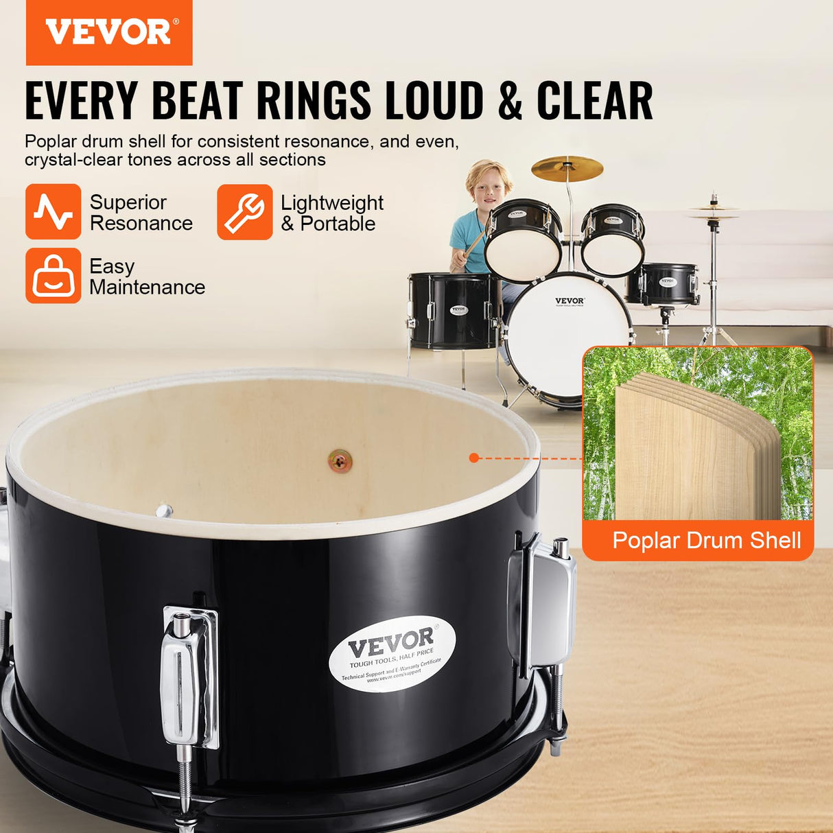 VEVOR Juego de Batería para Niños de Cinco Piezas, Juego Completo de Batería para Niños Principiantes con Bajo, TOMS, Caja, Bombo, Trono Ajustable, Pedal de Charles y Dos Pares de Baquetas, Negro