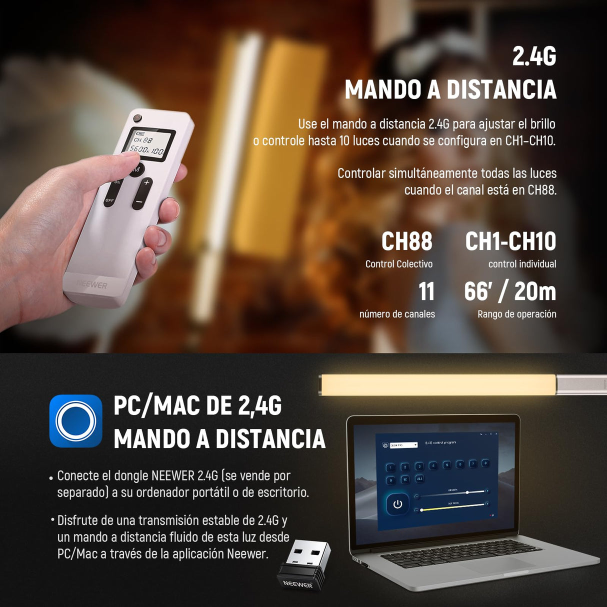 NEEWER CL124 Pro Barra de Luz LED Video, Palo Iluminación Bicolor Fotografía con Batería Mejorada de 7,4V 3200mAh Metal Puerta de Granero 2,4G Pantalla LCD Remota, 1500Lux CRI97+ Regulable 3200K-5600K