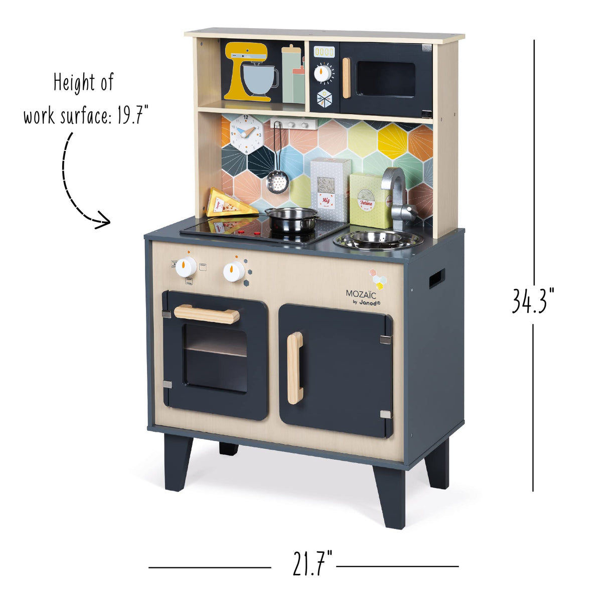 Janod - La Gran Cocina Mozaïc - Cocina de madera para niños - Cocina equipada con luz y sonido - Cocina de madera con 3 accesorios + 3 cajas de cartón para comida - A partir de 3 años,J06609