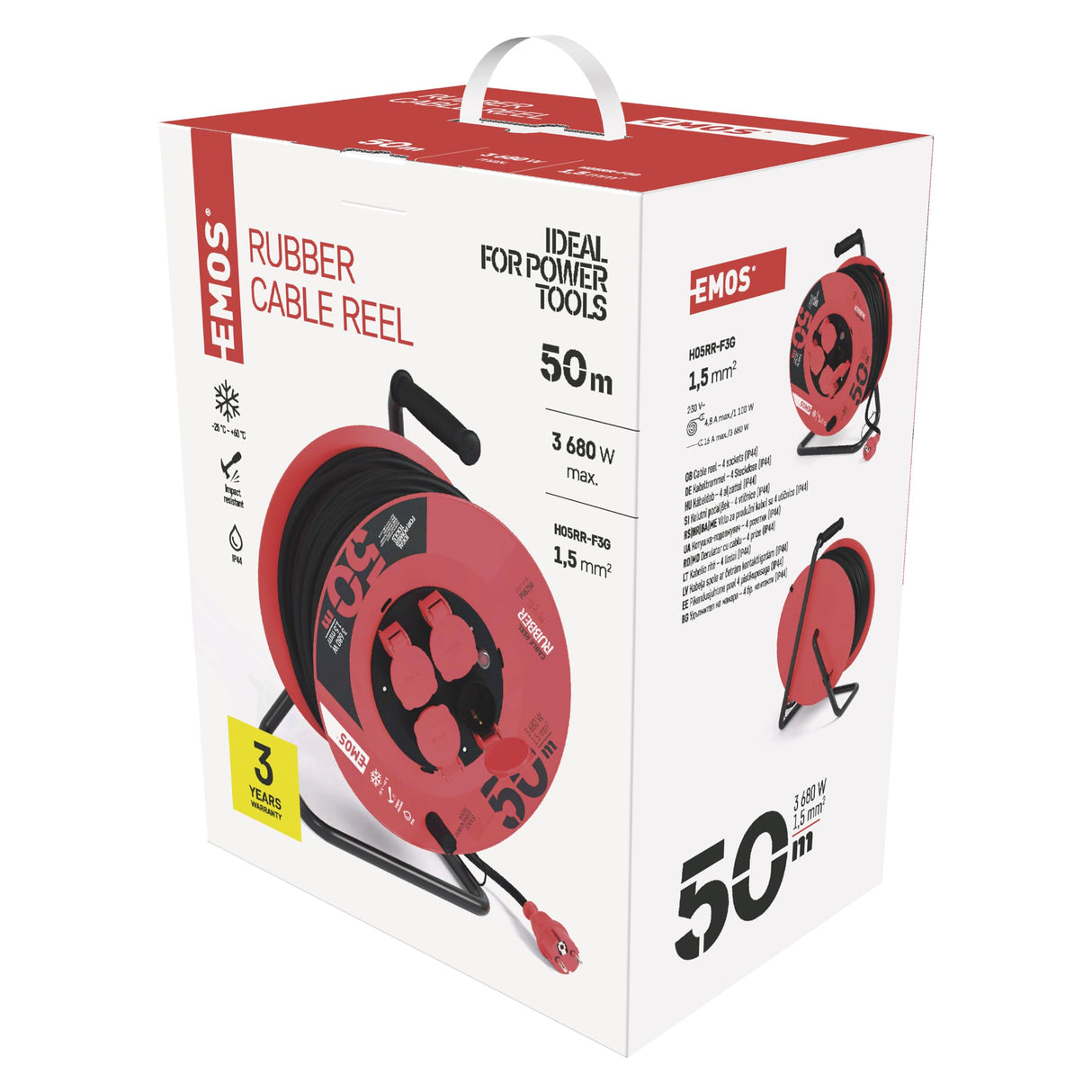 Emos P08250 Enrollacables Profesional alargador, de la Empresa, Grado de protección IP44, m de Cable con 4 enchufes Schuko, 1,5 mm2 Goma, para Uso Exterior, 50 Meter