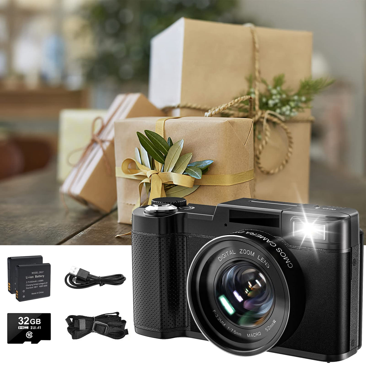 SWAGITLOUD Cámara Digital 4K 48MP Vlogging para YouTube con Zoom Digital 16X, Función Macro y Flash Elevable, Compacta con Pantalla Abatible de 3 Pulgadas 180°, Tarjeta TF de 32 GB, 2 Baterías, Negra