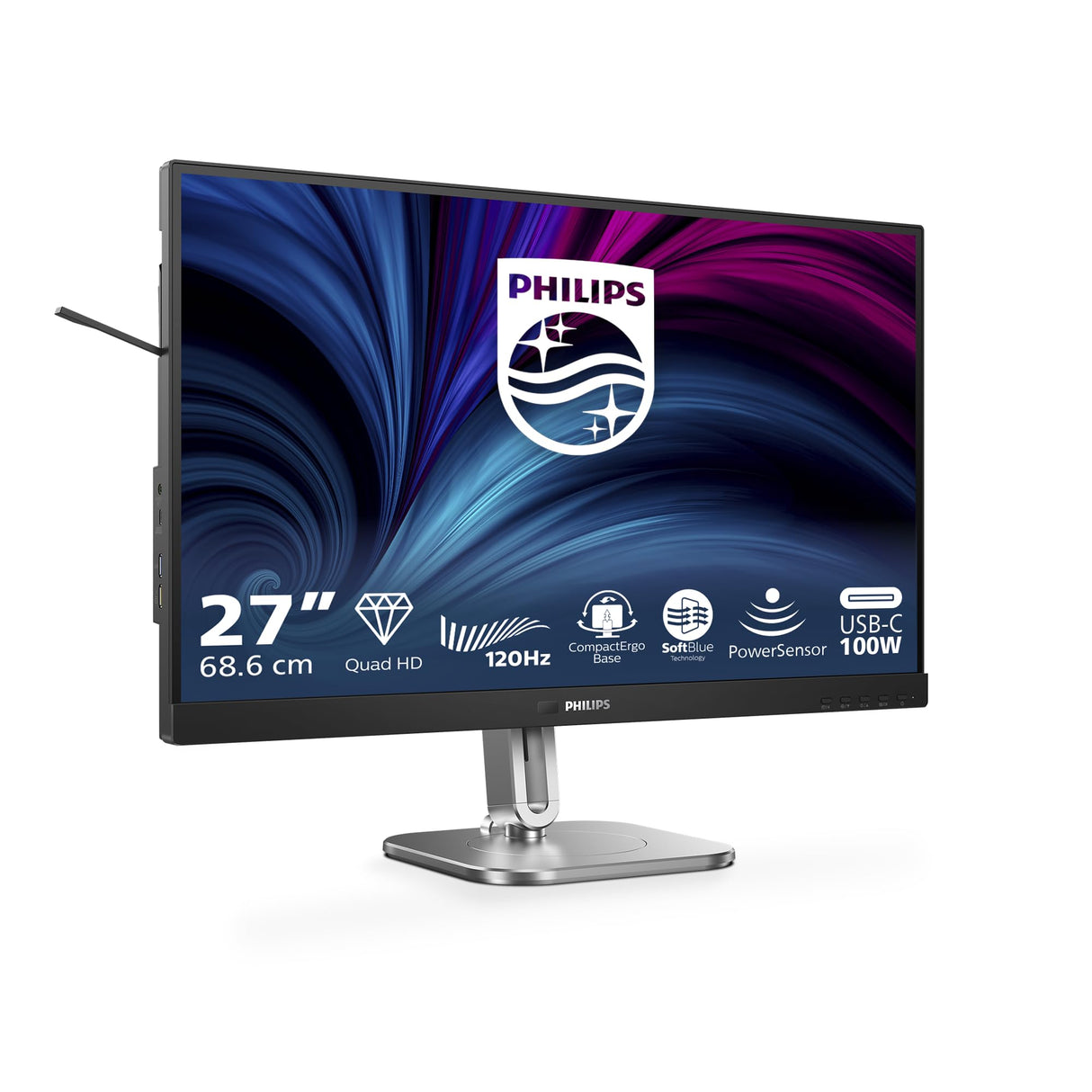 Philips 27B2U4601 Monitor 27 Pulgadas QHD, 120Hz, IPS, 4 ms GtG, Adaptive Sync., Altura Ajustable, Altavoces (2560x1440, 1x HDMI 2.0, 1x DP 1.4, USB-Hub), Gris Oscuro