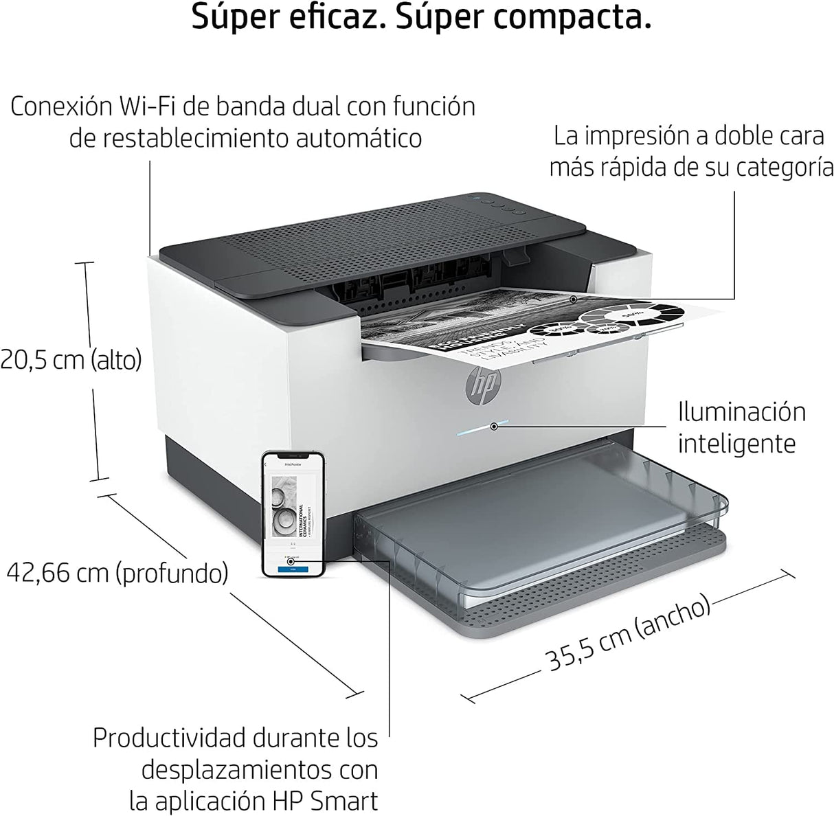 HP LaserJet M209dw 6GW62F, Impresora Láser A4 Monocromo - Impresión a Doble Cara Automática (29ppm, Wi-Fi, Ethernet, USB, Procesador 500MHz, Memoria 64MB, HP Smart App, Panel de control) Blanca y Gris