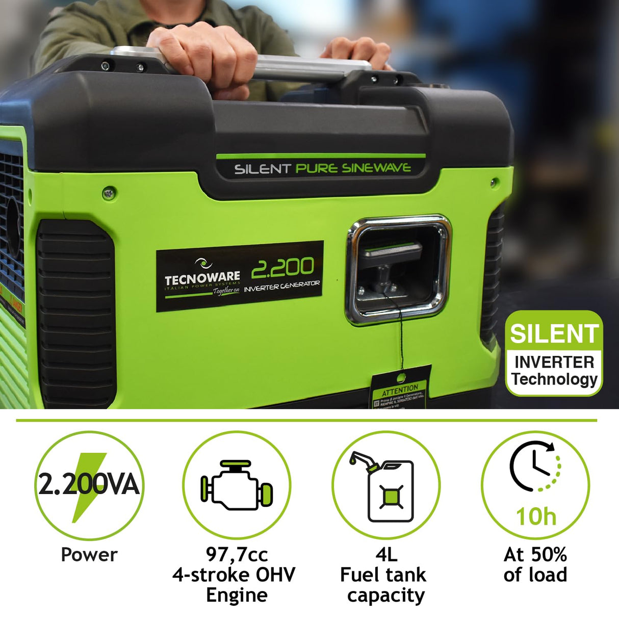 Tecnoware Power Systems - Generador Eléctrico Portátil 2200VA, Inverter Silencioso 58dB, Motor OHV 4 Tiempos, Eco Speed Control, 2 Tomas Schuko, Generador Gasolina Inverter, Verde, 2200 VA