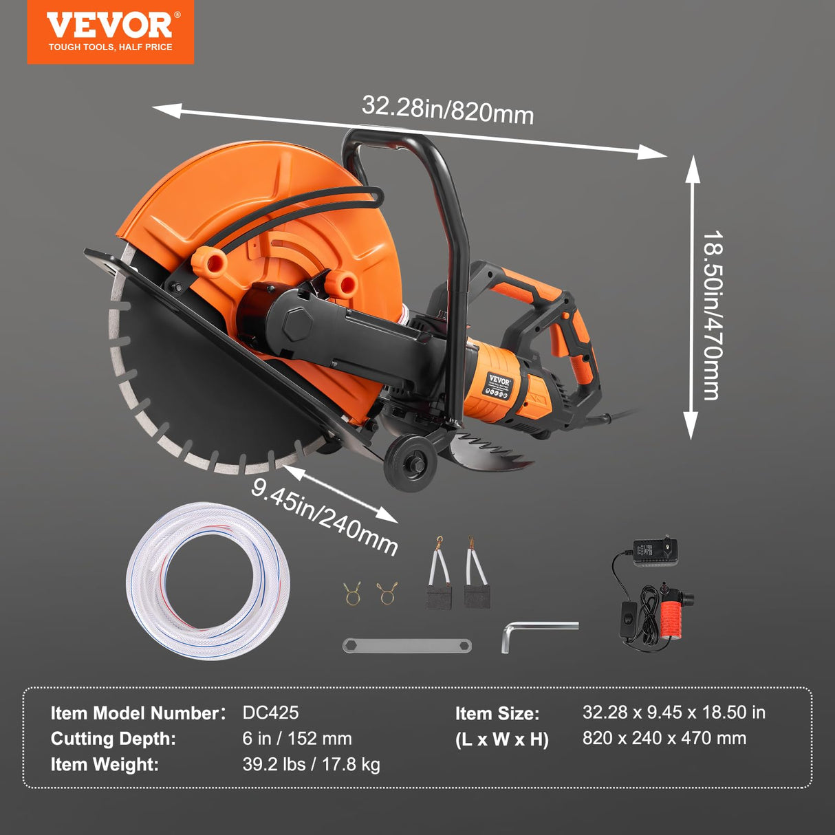 VEVOR Sierra Eléctrica para Hormigón 406mm 2800W Sierra Circular de Alta Potencia Profundidad de Corte de 152mm Sierra de Disco Húmeda/Seca con Tubería de Agua Bomba de Agua Hoja para Piedra Ladrillo