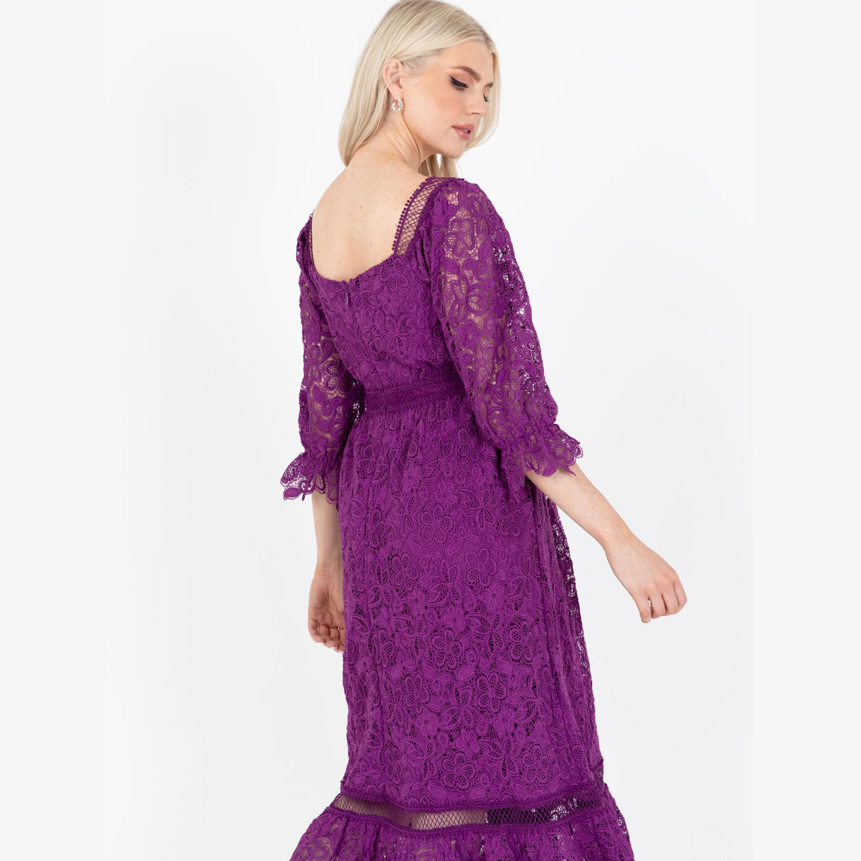 Lovedrobe Women's Midaxi Dress Ladies Lace Square Neckline Long Sleeve High Waist Empire A-Line for Wedding Guest Evening Occasion Vestido, Morado, 48 para Mujer