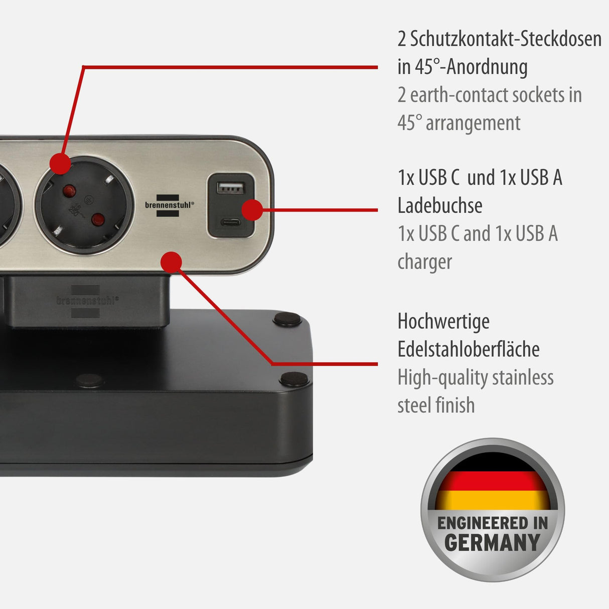 Brennenstuhl Regleta de sobremesa dúplex con Interruptor (Regleta con USB C Power Delivery, 1x USB C y 1x USB A, 10x Tomas de Contacto de protección, 2m) Plata/Negro