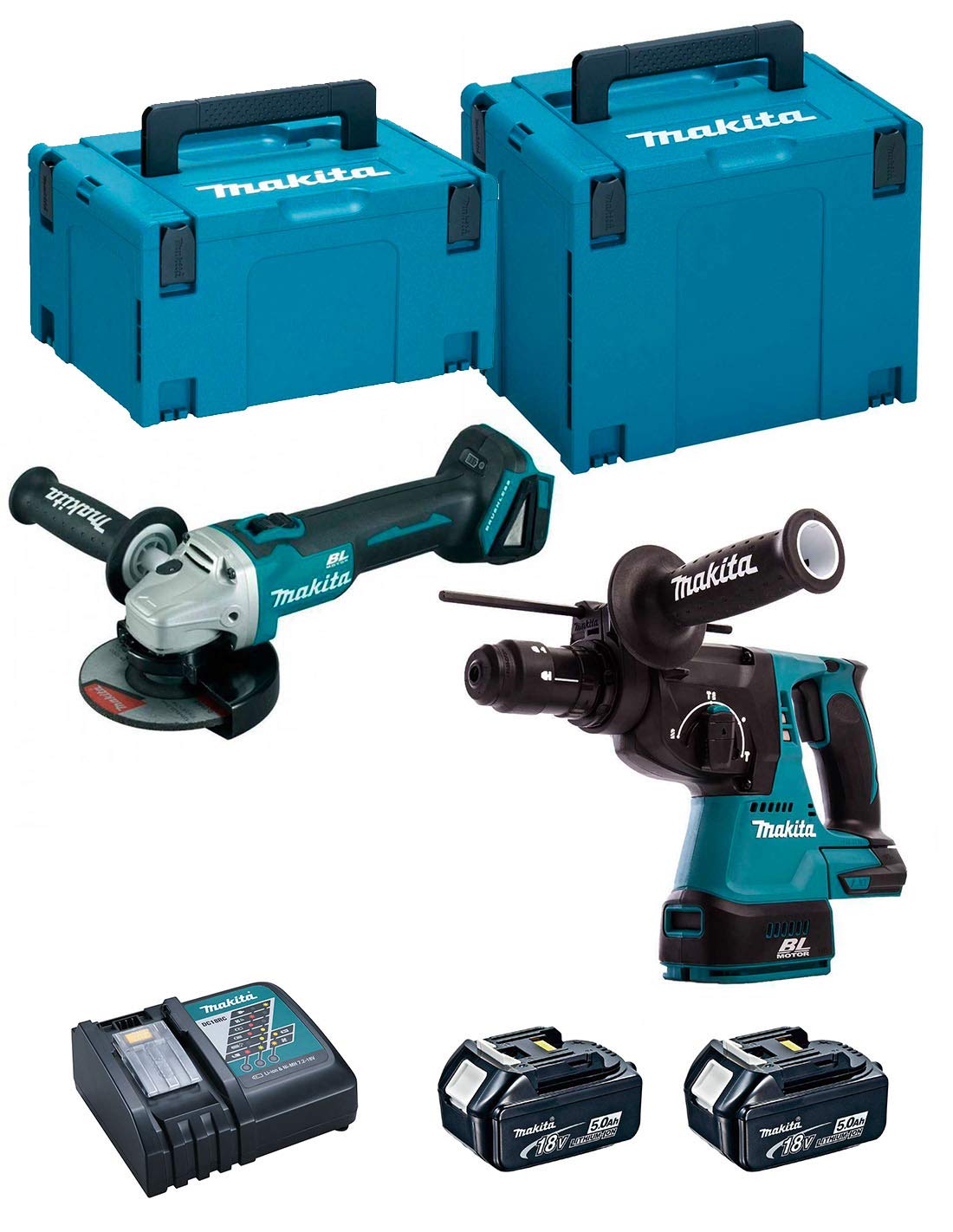 Makita DLX2125TJ1 Kit Combo DGA504Z+DHR243Z+DC18RC+BL1850Bx2, 18V 5,0Ah, 18 W, 18 V, Negro