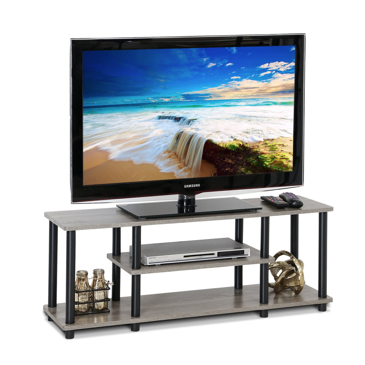 Furinno Turn-N-Tube Muebles TV sin Herramientas, Engineered Wood, Francés Roble Gris/Negro, 47