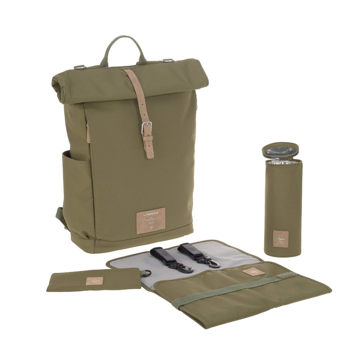 LÄSSIG Bolsa para pañales, cambiador, fijación para cochecito de bebé, soporte para botellas, fabricado de forma sostenible/GRE Rolltop Backpack, verde
