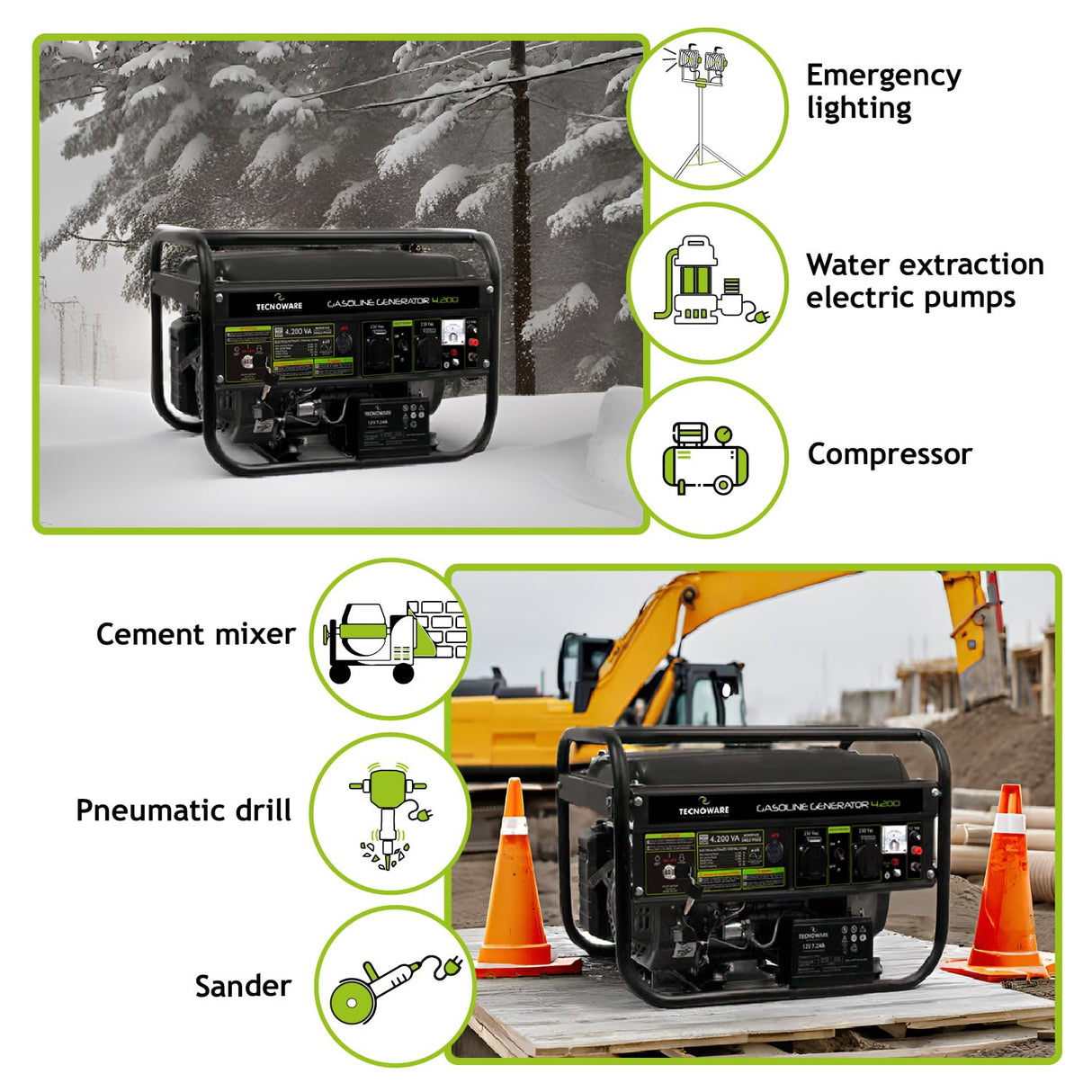 Tecnoware Power Systems - Generador de Corriente 4200 VA, Motor Gasolina 4 Tiempos, Arranque Eléctrico y Manual, Depósito 15L, Compacto y Portátil, Ideal para Camping y Construcción