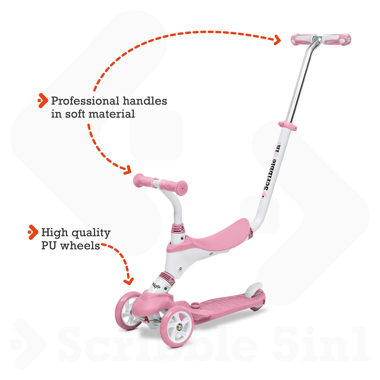 Mondo Toys - On&Go - Scribble Patinete para niños 5 en 1 - Patinete con Asiento, Pedales de Goma Suave y Grande Scooter de 3 Ruedas para niños - Edad de 1 a 5 años | MAX 50 kg - Color Rosa - 28575
