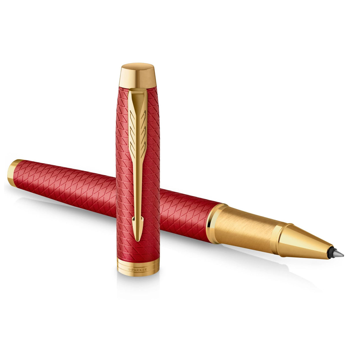 Parker IM bolígrafo roller | Lacado en rojo Premium con adornos dorados | Punta fina con recambio de tinta negra | Estuche de regalo