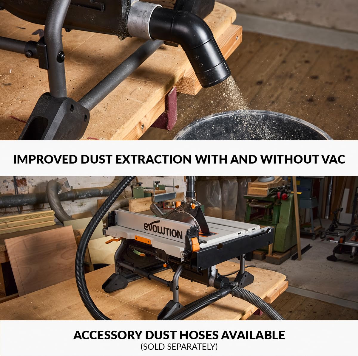Evolution Power Tools R255TBL Sierra de mesa (Nueva generación Rage 5-S) Multi-Material Hoja de corte incluida Corta Madera Metal Plástico, Bisel 45˚, Ángulo de inglete +/- 60˚, 1650w