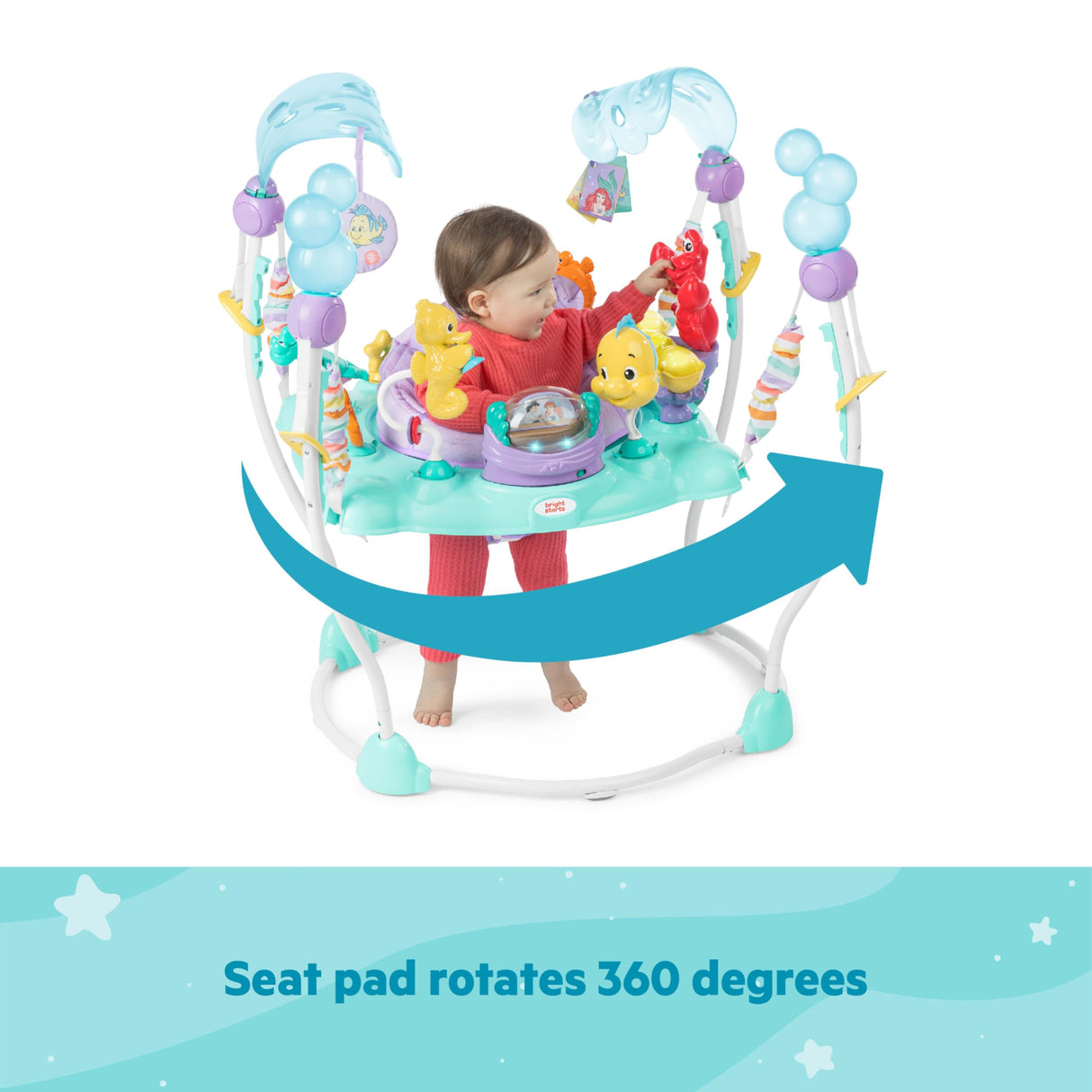 Bright Starts, Sea of Activities: Saltador de Actividades para Bebés de La Sirenita de Disney, con Juguetes Interactivos, Luces y Música, Incluye Princesa Ariel, 6-12 Meses (Azul)
