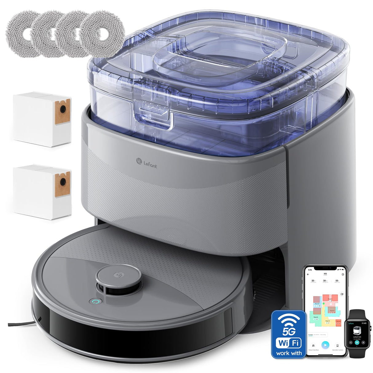 LEFANT M3 MAX Robot Vacuum Cleaner and Floor Scrub with Self-Empty Base, 20000 Pa, 210 mins, dToF Laser Navigation, Elevated Rotating Mops, Obstacle Evasion PSD, 5G WiFi/App/Alexa