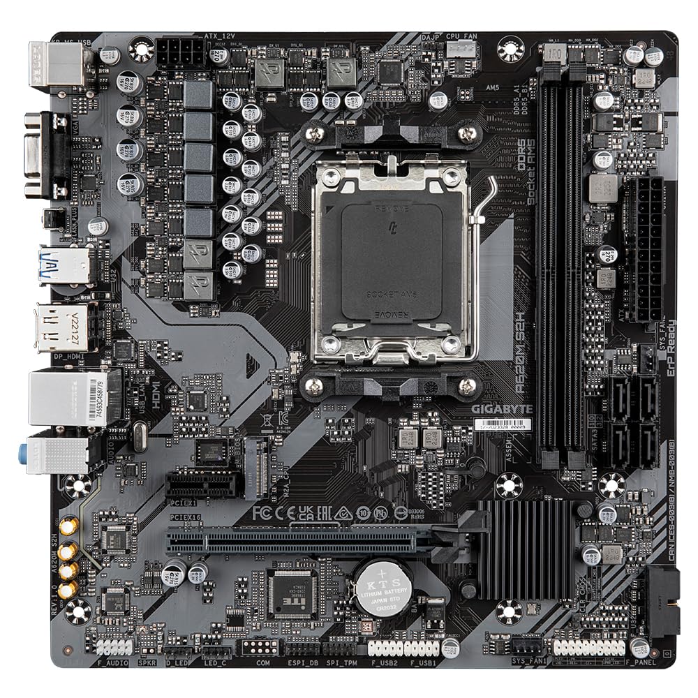 GIGABYTE A620M S2H Placa Base - Soporta CPUs AMD Ryzen 8000, VRM Digital de 5+2+2 Fases, hasta 7200MHz DDR5 (OC), 1xPCIe 4.0 M.2, LAN GbE, USB 3.2 Gen 1