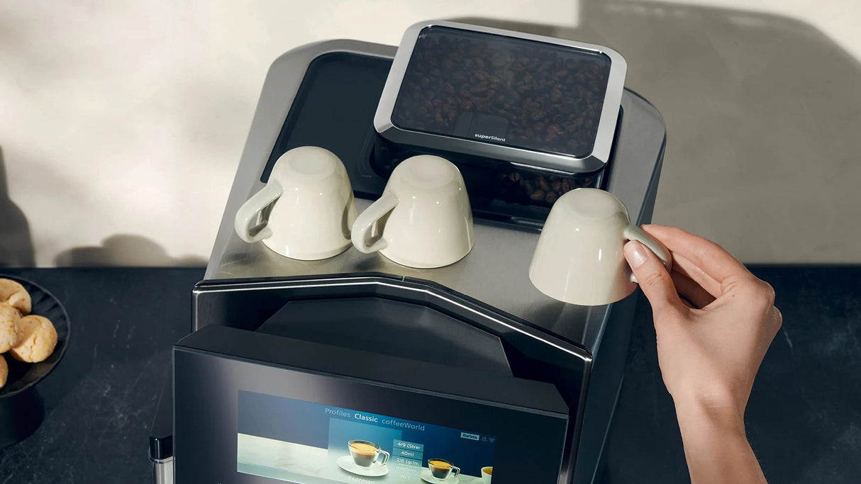 Siemens EQ900, cafetera totalmente automática con molino, BaristaMode, eGrinder, sistema beanIdent, pantalla iSelect de 6,8 pulgadas, aplicación Home Connect, acero inoxidable, TQ905R03