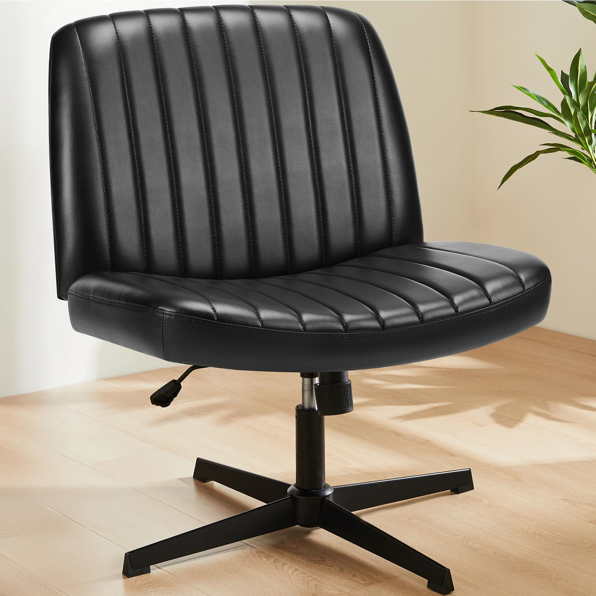 Sweetcrispy Silla de Oficina sin reposabrazos, Silla de Escritorio con Piel sintética, Silla de Lectura con cojín más Ancho para Sentarse en el Asiento de Sastre, Altura Regulable, Silla giratoria de